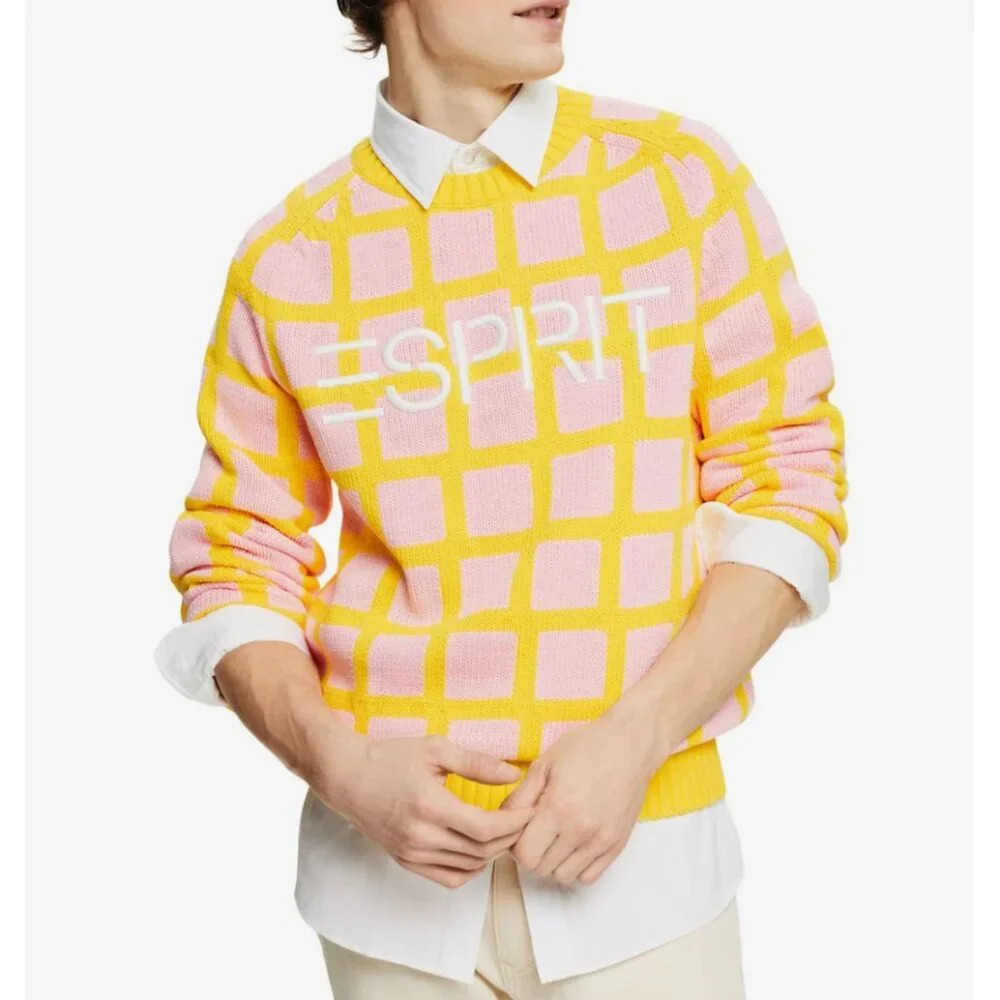 Espirit Pink Yellow Plaid Preppy Men's Sweater XL